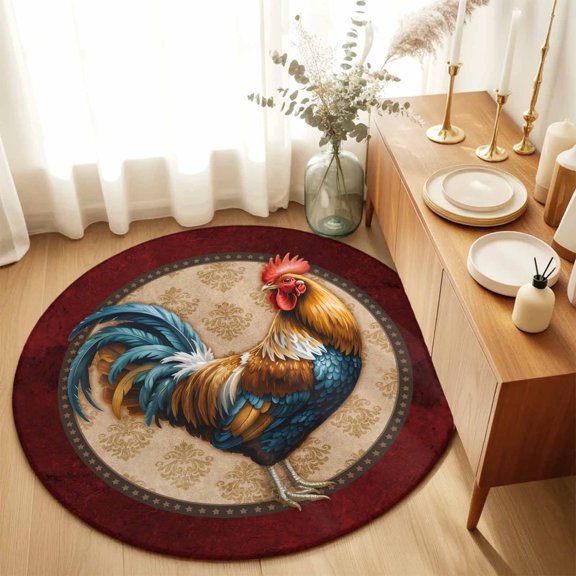 Rustic Farm Rooster on Retro Texture Round Rug 3ft Red Marble Agate Washable Area Rugs for Living Room Bedroom Entryway Non Slip Entrance Door Mat Indoor Floor Carpet
