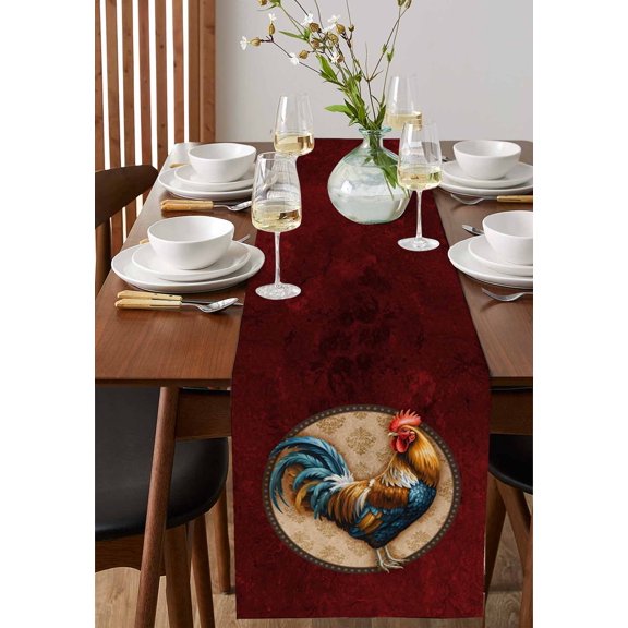 Rustic Farm Rooster on Retro Texture Table Runner 13x70in Non-Slip Cotton Linen Table Runners, Red Marble Agate Dresser Scarves TableRunner for Dinner Kitchen Dining Wedding Party