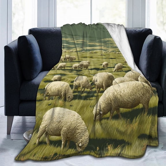 Rustic Farm Sheep Throw Blanket, Grazing Flock Meadow Artwork, Cozy Farmhouse Home Decor 50x40