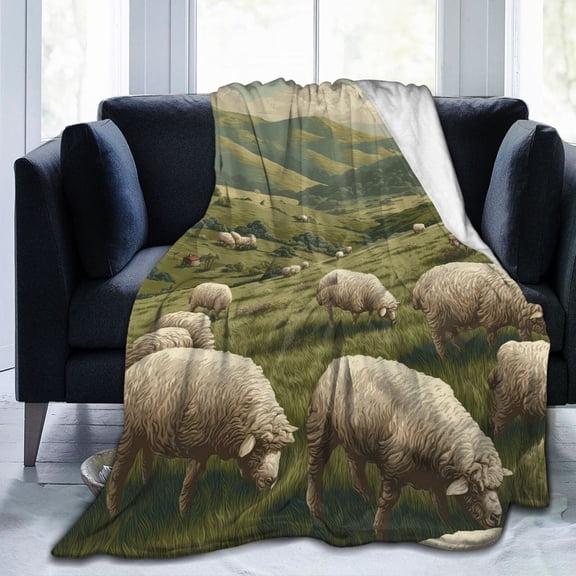 Rustic Farm Sheep Throw Blanket, Grazing Flock Meadow Artwork, Cozy Farmhouse Home Decor 50x40