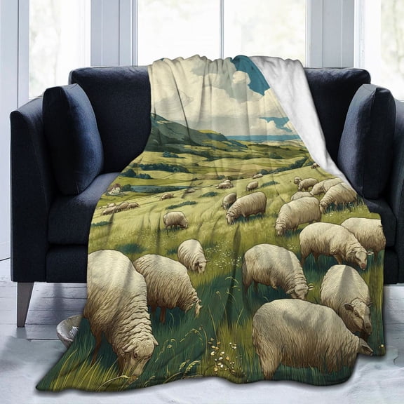 Rustic Farm Sheep Throw Blanket, Grazing Flock Meadow Artwork, Cozy Farmhouse Home Decor 80x60