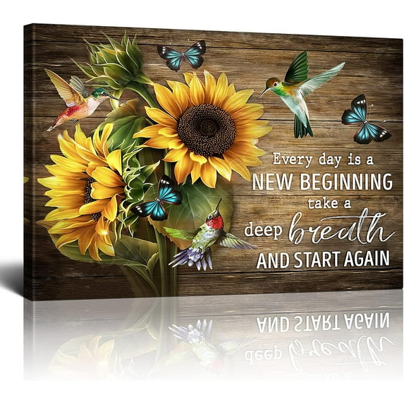 Rustic Farm Sunflower Wall Art Butterfly Hummingbird Canvas Print Paintings Framed Inspirational Quotes Pictures Modern Home Decor For Living Room Kitchen Bathroom Ready To Hang,12x16 Inch