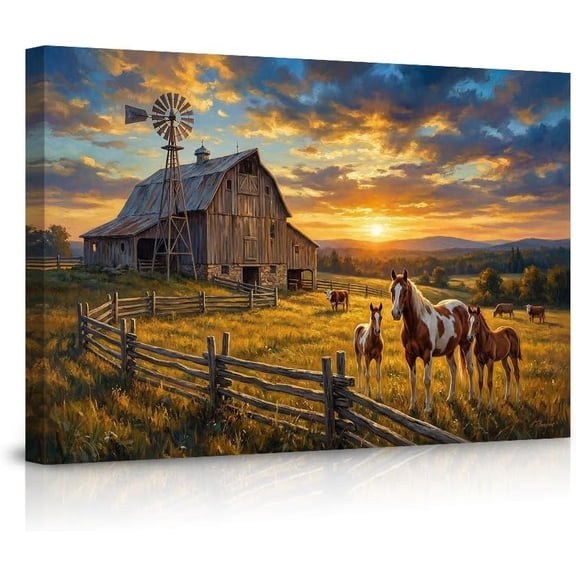 Rustic Farm Sunset Wall Art Canvas Prints Featuring Barn Windmill Horses Cows Pasture Landscape Decor for Bedroom Living Room