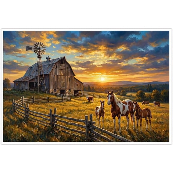 Rustic Farm Sunset Wall Art Canvas Prints Featuring Barn Windmill Horses Cows Pasture Landscape Decor for Bedroom Living Room