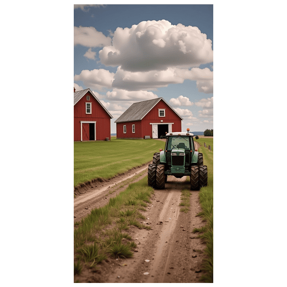 Rustic Farm Themed Background Backdrop Banner with Red Barns Green Tractor and Cloudy Sky for Farm Themed Parties Country Weddings Agricultural Events Farmhouse Decorations and Photography Props