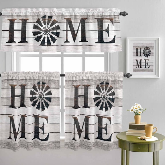 Rustic Farm Windmill HOME Quotes Curtain Tier and Valance Set 3 Piece, Chic Wooden Plank 3-inch Rod Pocket Window Tier Curtains Valance for Kitchen Living Room