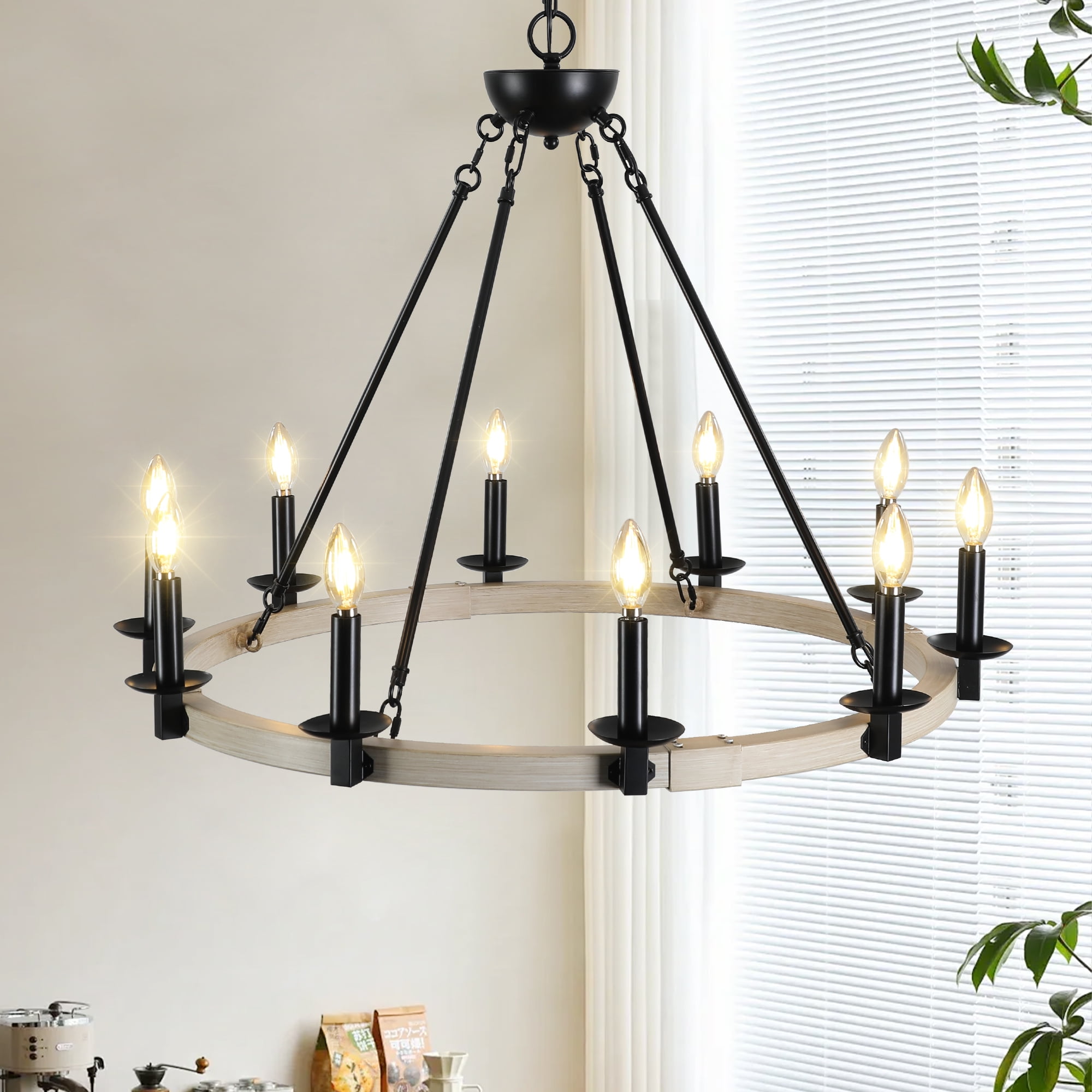 Rustic Farmhouse 10 Light Candle Chandelier Black Metal And Wood Photo Inspiration
