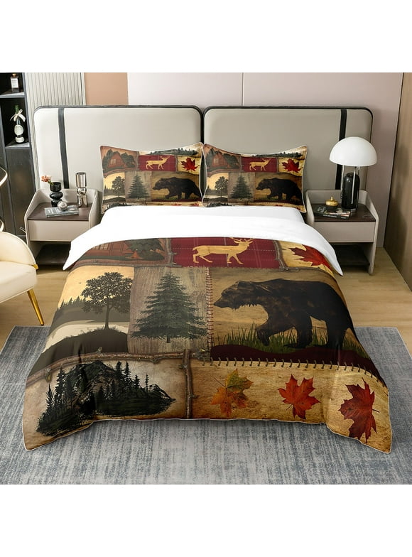 Rustic Farmhouse 100% Cotton Duvet Cover Full, Retro Cabin Lodge Bedding Set, Hunting Bear Deer Comforter Cover, Country Maple Leaves Bed Set, Rustic Woodland Pine Tree Quilt Cover, Red Brown, 3Pcs