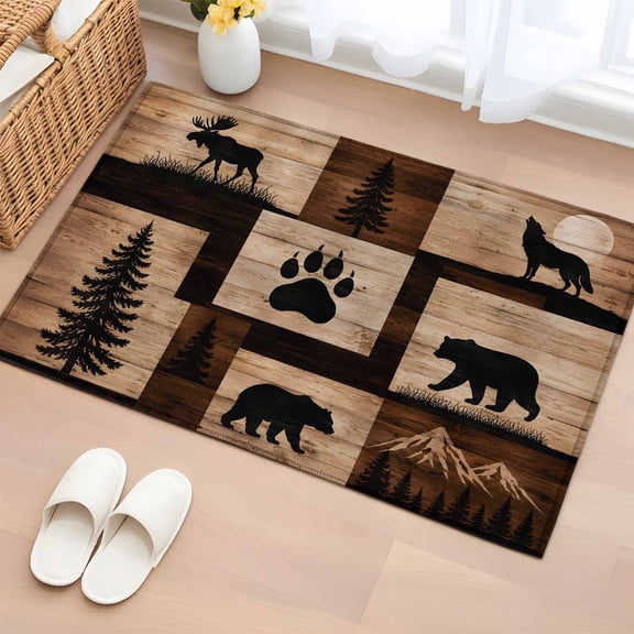 Rustic Farmhouse 2'x3' Washable Rug,Vintage Wildlife Bear Paw Pine Trees Wooden Non-Slip Doormat Area Rugs for Entrance Bathroom Bedsides,Front Doormat Carpet for Kitchen Bedroom,Entryway Floor Mat
