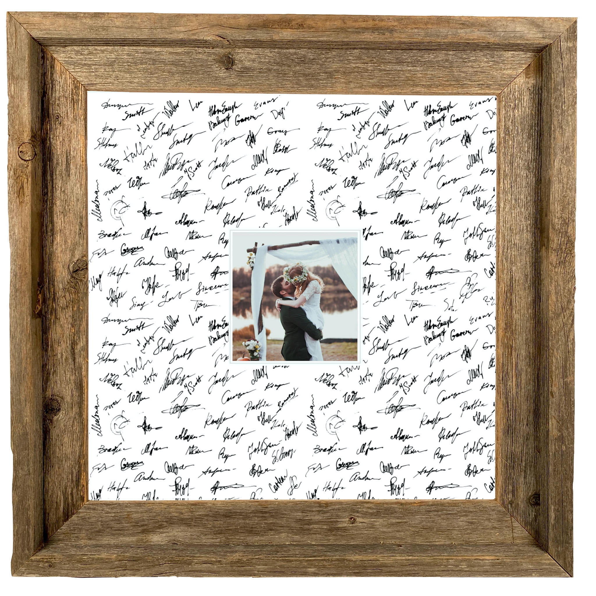 Rustic Natural Wood Wedding Signature Frame with White Mat