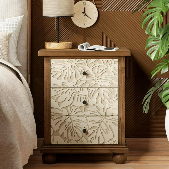 Rustic Farmhouse 3-Drawer Nightstand with Leaves Pattern Carved, Vintage French Country End Table for Bedroom, Living Room, Distressed Finish, White & Brown