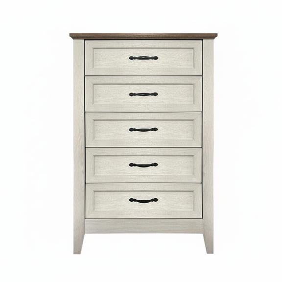 Rustic Farmhouse 5-Drawer Tall Dresser in White Oak – Wooden Storage Chest with Wide Metal Handles, Vertical Clothes Organizer Cabinet for Bedroom, Entryway, Hallway or Living Room