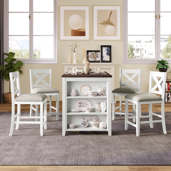 Rustic Farmhouse 5 Piece Dining Set Kitchen Table Set with 3-tier Shelf, Counter Height Table Set with Bar Table and Cushioned Chairs for 4 Persons Dining Room Table Set for Small Place