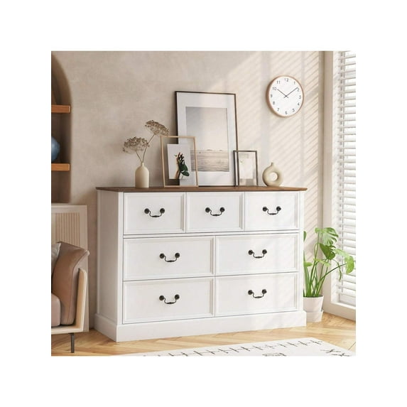 Rustic Farmhouse 7-Drawer Chest | 48" Wood Dresser Organizer Storage | Tall Dresser For Bedroom, Living Room, Children's Room