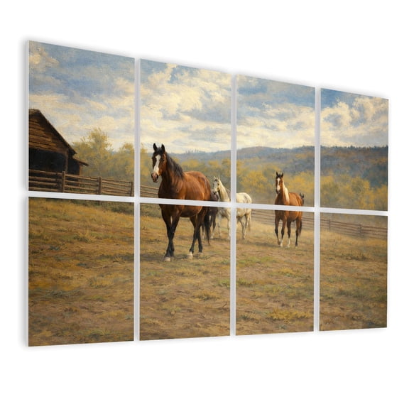 Rustic Farmhouse 8 Pack Art Acoustic Panels Sound Absorbing Horses grazing amongst remote landscape Decorative Soundproof Wall Panels Self Adhesive for Nursery Game Room Bedroom 48"x32"