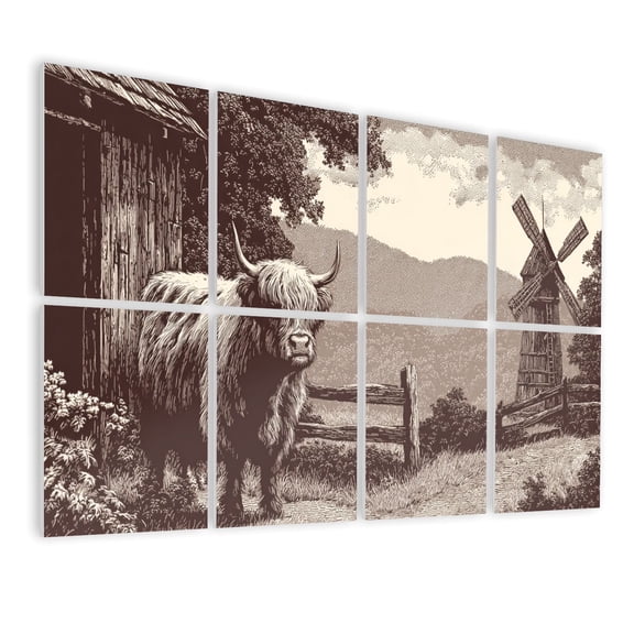 Rustic Farmhouse 8 Pack Art Acoustic Panels Sound Absorbing Nostalgic Rural Scene Highland Cow Fence Mountain Decorative Soundproof Wall Panels Self Adhesive for Nursery Game Room Bedroom 48"x32"