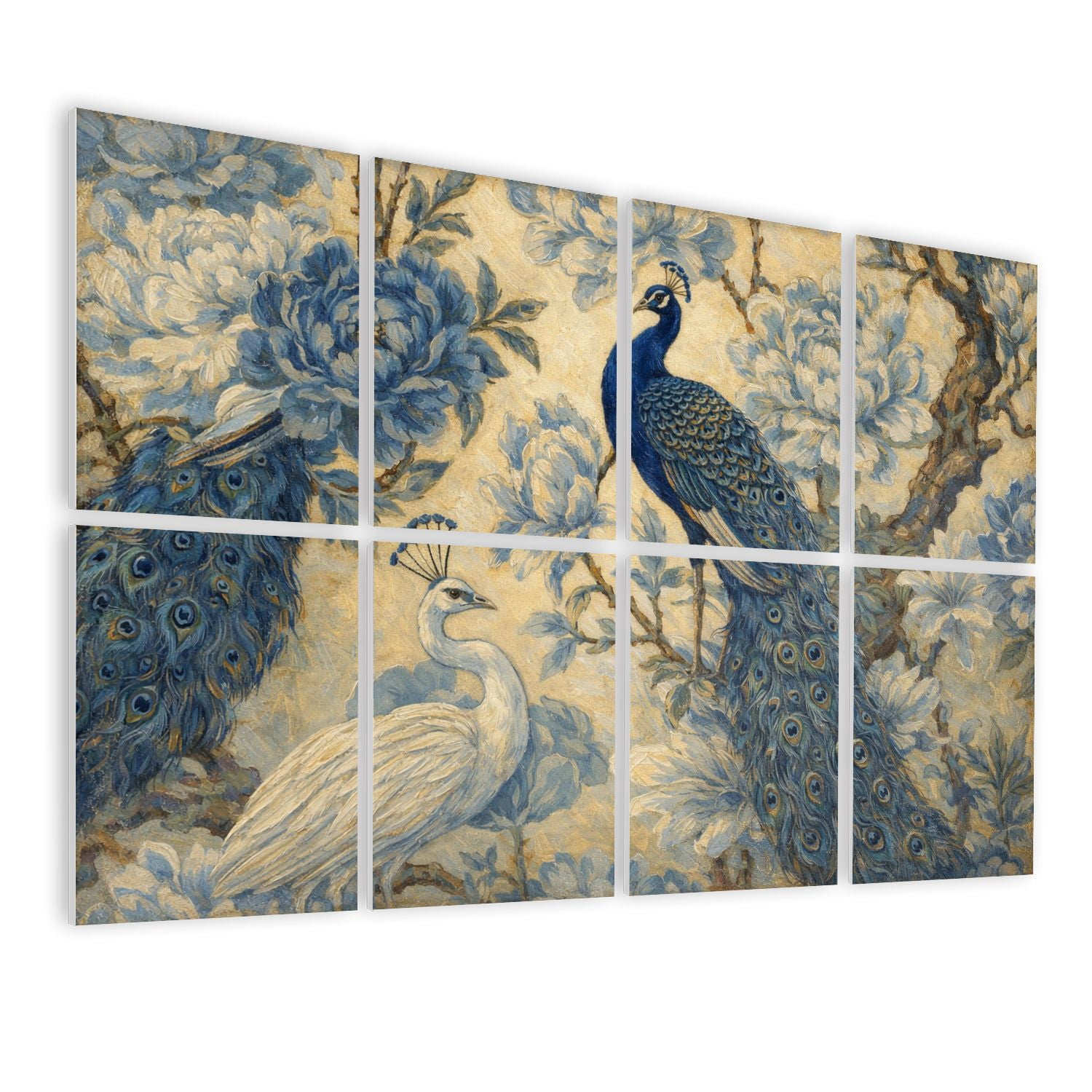 Rustic Farmhouse 8 Pack Art Acoustic Panels Sound Absorbing Seamless chinoiserie peacock birds peonies blue color Decorative Soundproof Wall Panels Self Adhesive for Nursery Game Room Bedroom 48"x32"
