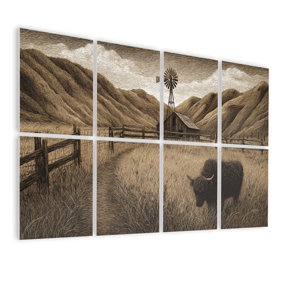 Rustic Farmhouse 8 Pack Art Acoustic Panels Sound Absorbing Vintage Countryside Highland Cow Barn Sepia Print Decorative Soundproof Wall Panels Self Adhesive for Nursery Game Room Bedroom 48"x32"