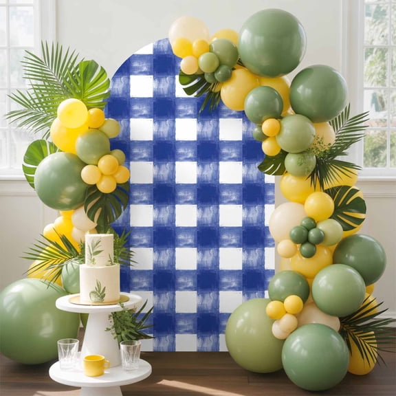 Rustic Farmhouse Arch Backdrop Cover, 4FT, Indigo Blue Watercolor Lattice Spandex Arch Covers Double-Sided Backdrop for Wedding Birthday Party Photo Background Decoration