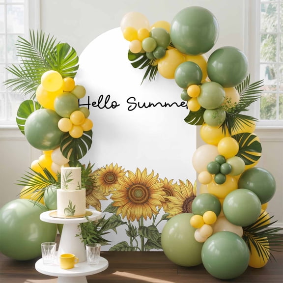 Rustic Farmhouse Arch Backdrop Cover, 7.2FT, Hello Summer Sunflower White Background Spandex Arch Covers Double-Sided Backdrop for Wedding Birthday Party Photo Background Decoration