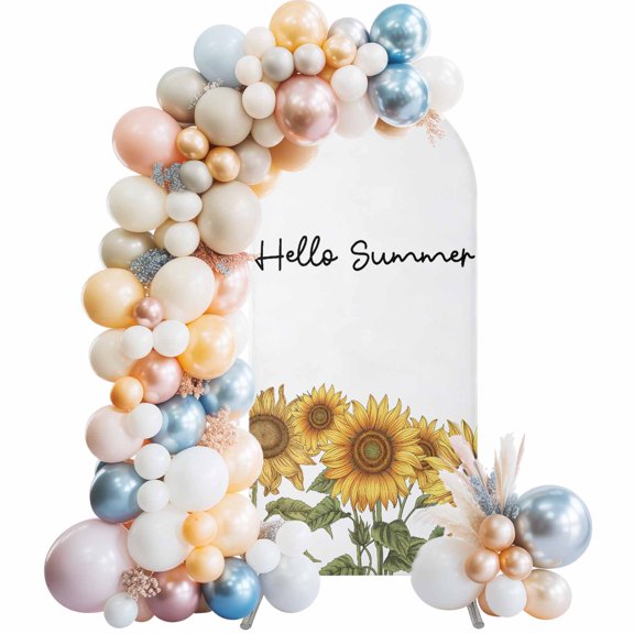 Rustic Farmhouse Arch Backdrop Covers 5 FT, Hello Summer Sunflower White Background Stretchy Fitted Arched Stand Covers