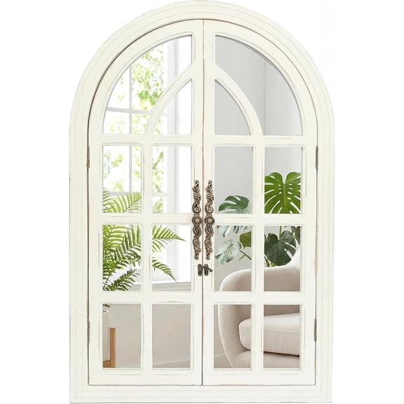 Rustic Farmhouse Arched Wall Mirror 24 Lx 36, Wooden Window Pane Mirror