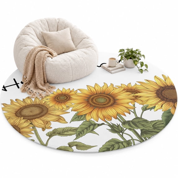 Rustic Farmhouse Area Rug 5', Hello Summer Sunflower White Background ...
