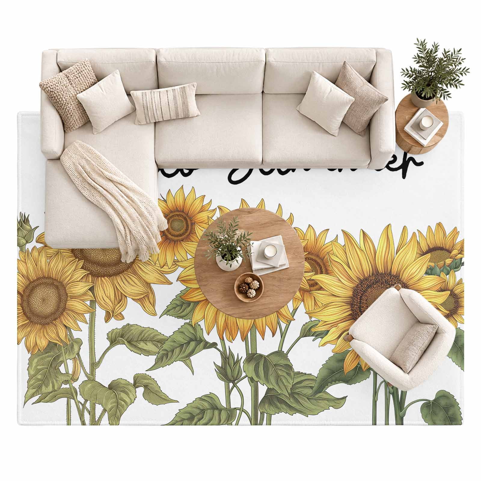 Rustic Farmhouse Area Rug 8'x10', Hello Summer Sunflower White ...