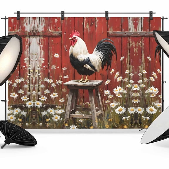 Rustic Farmhouse Backdrop for Photography, Rustic Red Barn Rooster Wildflowers Photo Backdrop Portrait Background Party Banner Photo Backgrounds for Studio Booth Props, 10x8ft