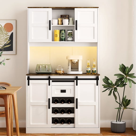 Rustic Farmhouse Bar Cabinet with Sliding Barn Door and Spacious Storage,White Kitchen Buffet Sideboard Table