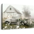 thumbnail image 1 of Rustic Farmhouse Barn Canvas Wall Art Framed Misty Countryside Field Landscape Painting Rusty Old Truck Loaded With Flowers Picture Prints for Bedroom Living Room Office Decor 16x12in, 1 of 6