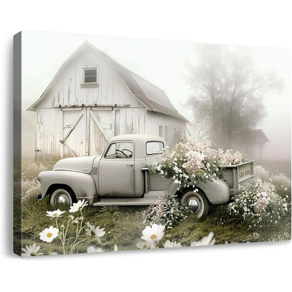 Rustic Farmhouse Barn Canvas Wall Art Framed Misty Countryside Field Landscape Painting Rusty Old Truck Loaded With Flowers Picture Prints for Bedroom Living Room Office Decor 16x12in