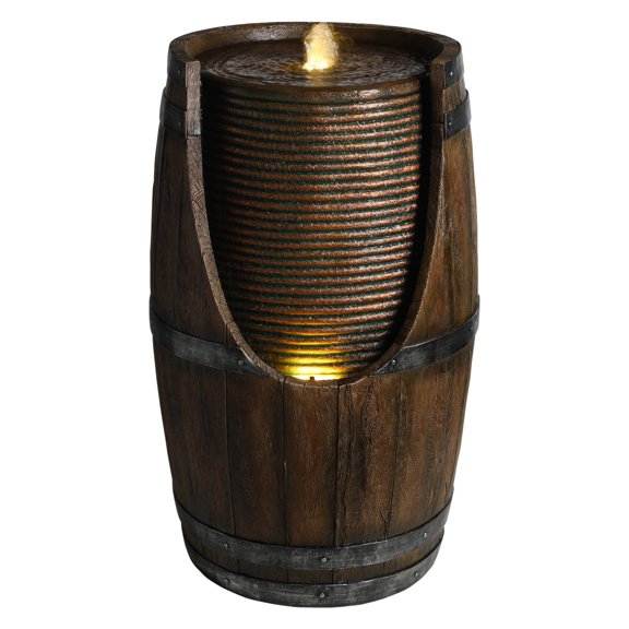 Rustic Farmhouse Barrel Outdoor Fountain with Lights, Resin Wood Look Waterfall for Patio,Brown