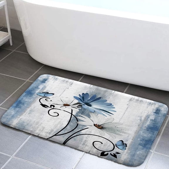 Rustic Farmhouse Bath Mat, Farm Blue Daisy Floral Flowers Butterfly Country Wooden Bath Rug for Bathroom, Grey White Bath Mat Soft Non Slip Bath Rugs, 17X29IN
