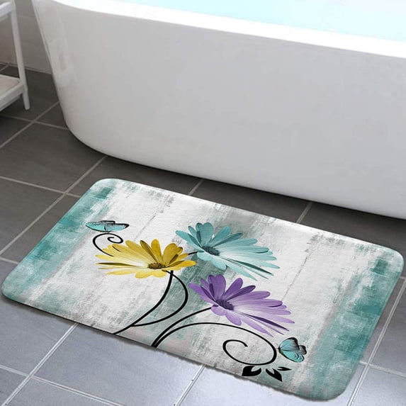 Rustic Farmhouse Bath Mat, Farm Cyan Daisy Floral Flowers Butterfly Country Wooden Bath Rug for Bathroom, Grey White Bath Mat Soft Non Slip Bath Rugs, 17X29IN