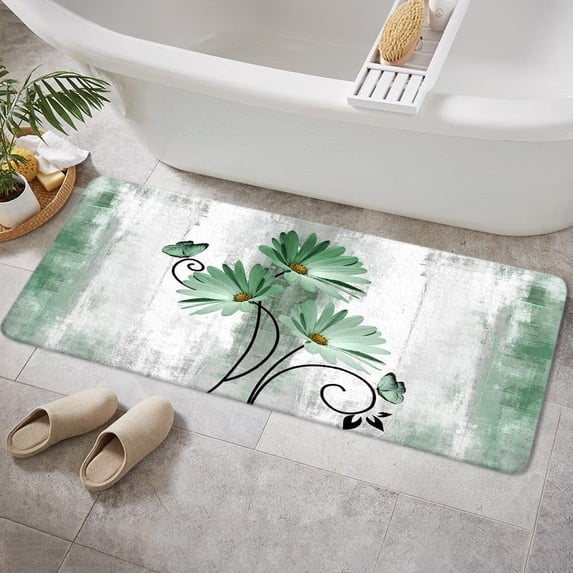 Rustic Farmhouse Bath Mat, Farm Green Daisy Floral Flowers Butterfly Country Wooden Bath Rug for Bathroom, Grey White Bath Mat Soft Non Slip Bath Rugs, 16X48IN