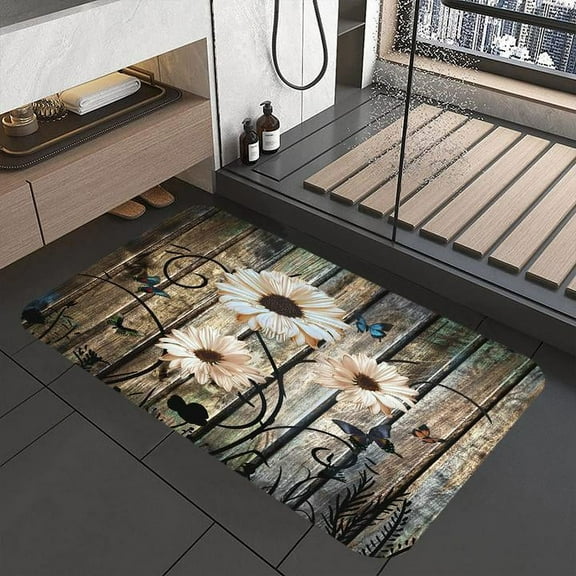 Rustic Farmhouse Bath Mat, Farm Grey Brown Floral Flowers Butterfly Country Wooden Bath Rug for Bathroom, American Farm Style Bath Mat Soft Non Slip Bath Rugs, 17X29IN