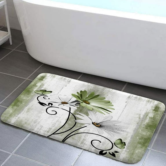 Rustic Farmhouse Bath Mat, Farm Sage Green Daisy Floral Flowers and Butterfly on Country Wooden Forest Green Bath Rug for Bathroom, Olive Green Bath Mat Soft Non Slip Bath Rugs, 16X24N