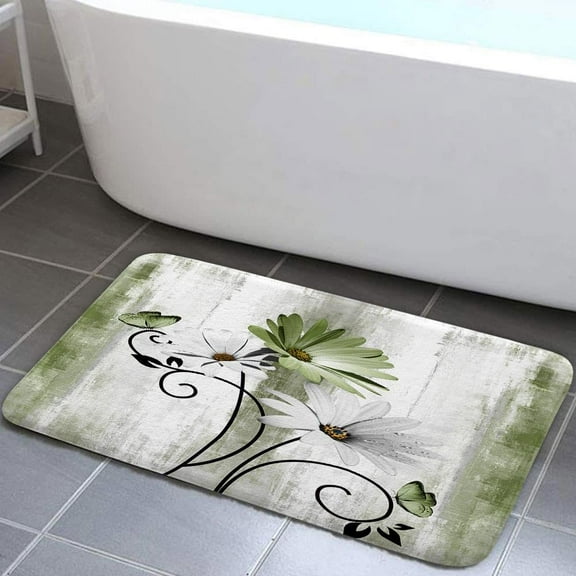 Rustic Farmhouse Bath Mat, Farm Sage Green Daisy Floral Flowers and Butterfly on Country Wooden Forest Green Bath Rug for Bathroom, Olive Green Bath Mat Soft Non Slip Bath Rugs, 16X24N