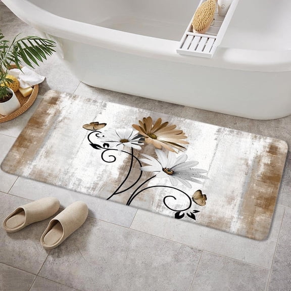 Rustic Farmhouse Bath Mat, Farm Tan Cream Daisy Floral Flowers and Butterfly on Country Wooden Bath Rug for Bathroom, Beige Bath Mat Soft Non Slip Bath Rugs, 16X48IN