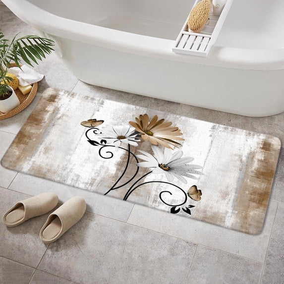 Rustic Farmhouse Bath Mat, Farm Tan Cream Daisy Floral Flowers and Butterfly on Country Wooden Bath Rug for Bathroom, Beige Bath Mat Soft Non Slip Bath Rugs, 16X48IN