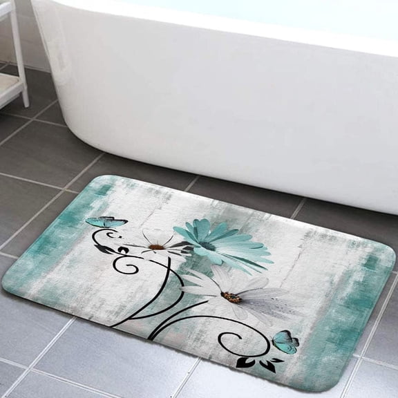Rustic Farmhouse Bath Mat, Farm Teal Daisy Floral Flowers Butterfly Country Wooden Bath Rug for Bathroom, Grey White Bath Mat Soft Non Slip Bath Rugs, 16X24IN
