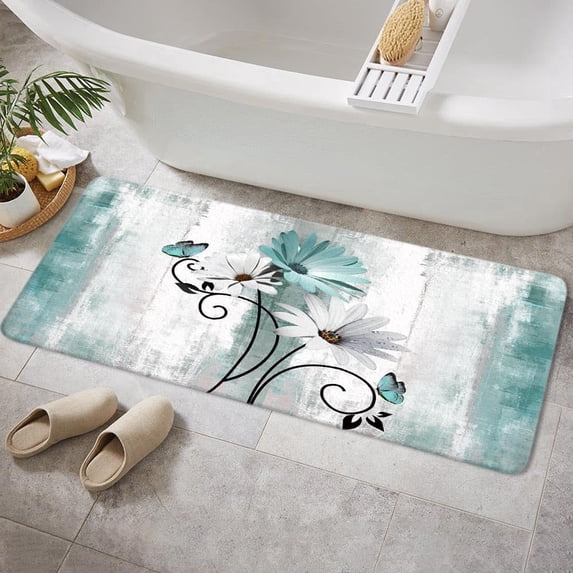 Rustic Farmhouse Bath Mat, Farm Teal Daisy Floral Flowers Butterfly Country Wooden Bath Rug for Bathroom, Grey White Bath Mat Soft Non Slip Bath Rugs, 16X48IN