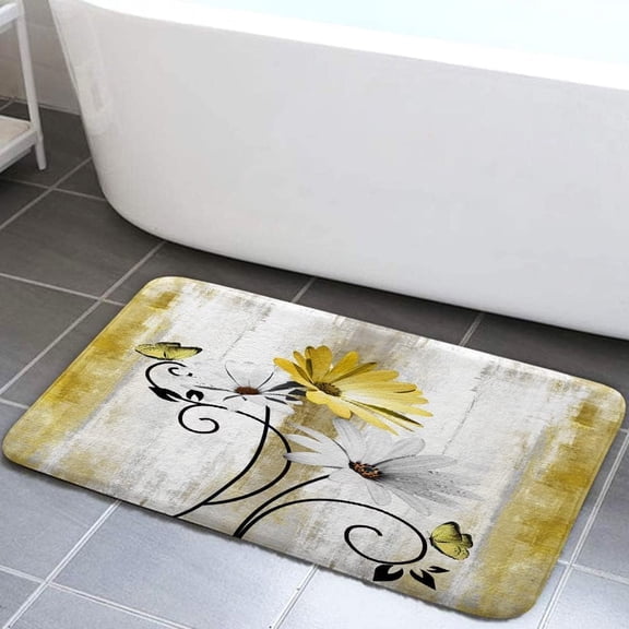 Rustic Farmhouse Bath Mat, Farm Yellow Daisy Floral Flowers Butterfly Country Wooden Bath Rug for Bathroom, Grey White Bath Mat Soft Non Slip Bath Rugs, 16X24IN