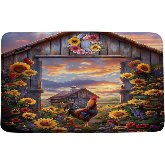 Rustic Farmhouse Bath Mat Rooster Sunflower Sunset Farm Animal Retro Country Bathroom Kitchen Rugs,19.7x31.5 Inch