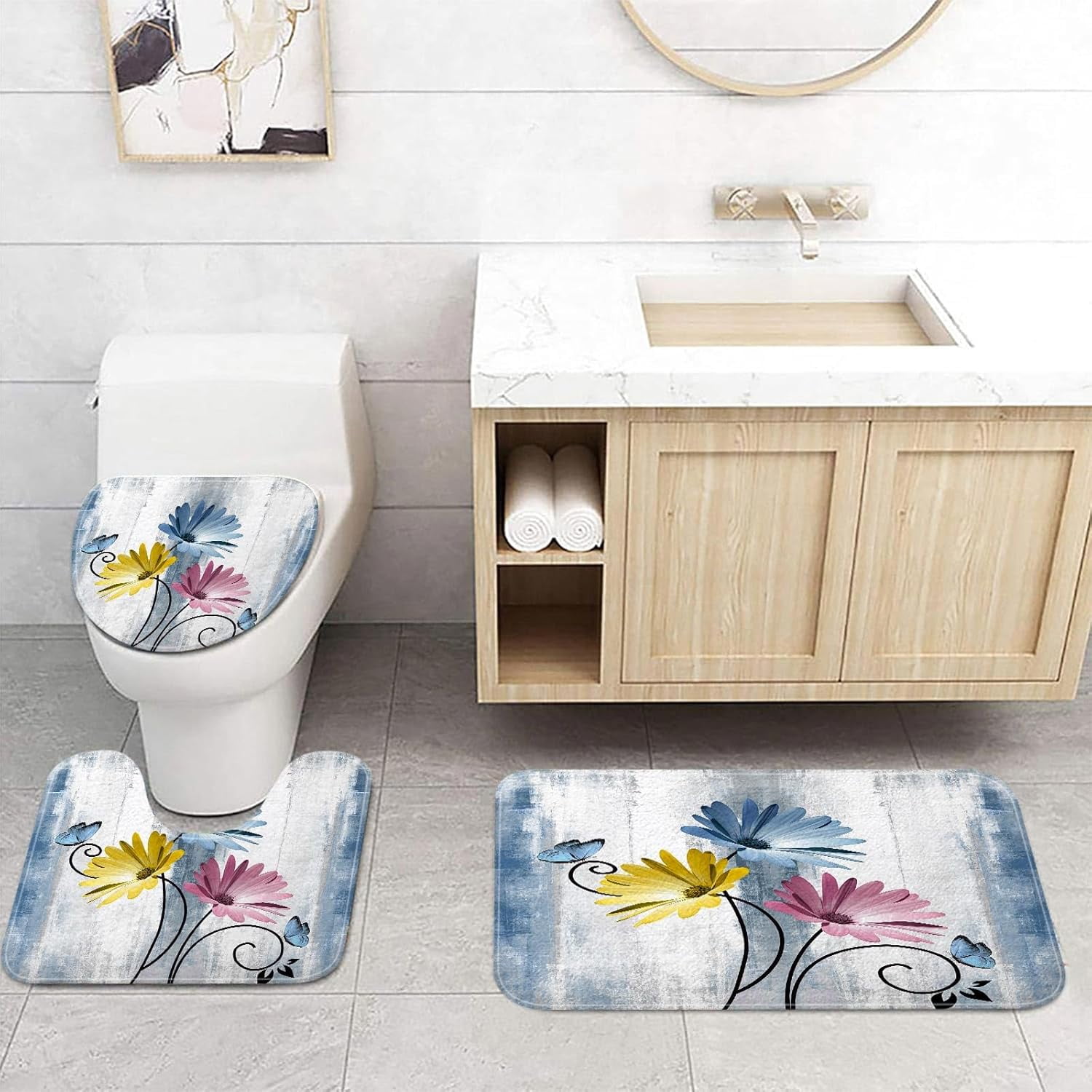 Rustic Farmhouse Bath Mat Set, Farm Blue Daisy Floral Flowers and Butterfly on Country Wooden Bathroom Mat Set with Non-Slip Bath Rug, Soft Toilet Lid Cover and Contour Mat, Turquoise Blue (Blue-2)
