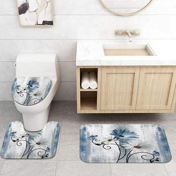 Rustic Farmhouse Bath Mat Set, Farm Blue Daisy Floral Flowers and Butterfly on Country Wooden Bathroom Mat Set with Non-Slip Bath Rug, Soft Toilet Lid Cover and Contour Mat, Turquoise Blue (Blue-)