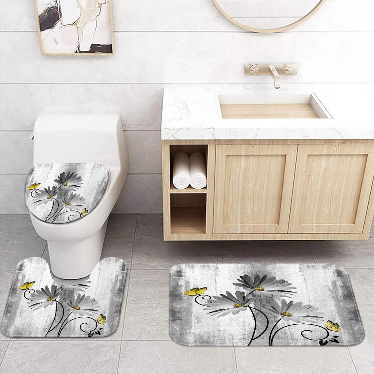 Rustic Farmhouse Bath Mat Set, Farm Gray Daisy Floral Flowers and Butterfly on Country Wooden Bathroom Mat Set with Non-Slip Bath Rug, Soft Toilet Lid Cover and Contour Mat, Turquoise Gray (Gray)