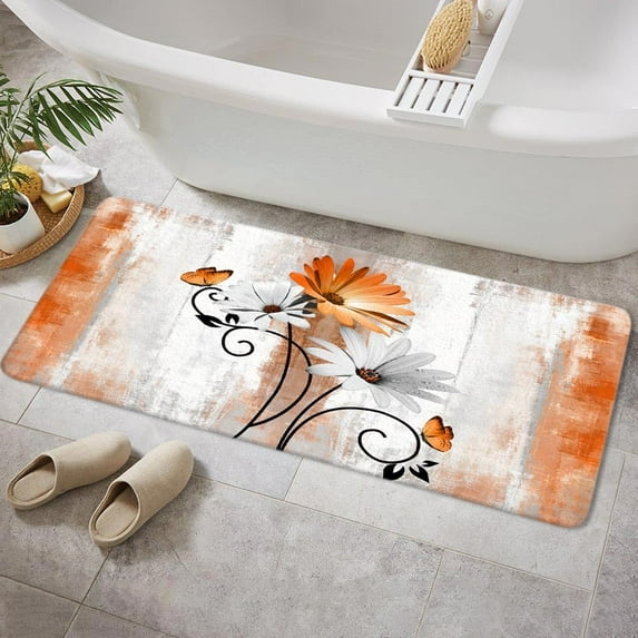 Rustic Farmhouse Bath Rug, Farm Orange Daisy Floral Flowers and Butterfly on Country Wooden Autumn Bath Mat Yellow Grey Kitchen Rug Floor Mat Soft Non Slip Runner Carpet Indoor Doormat, 17X48