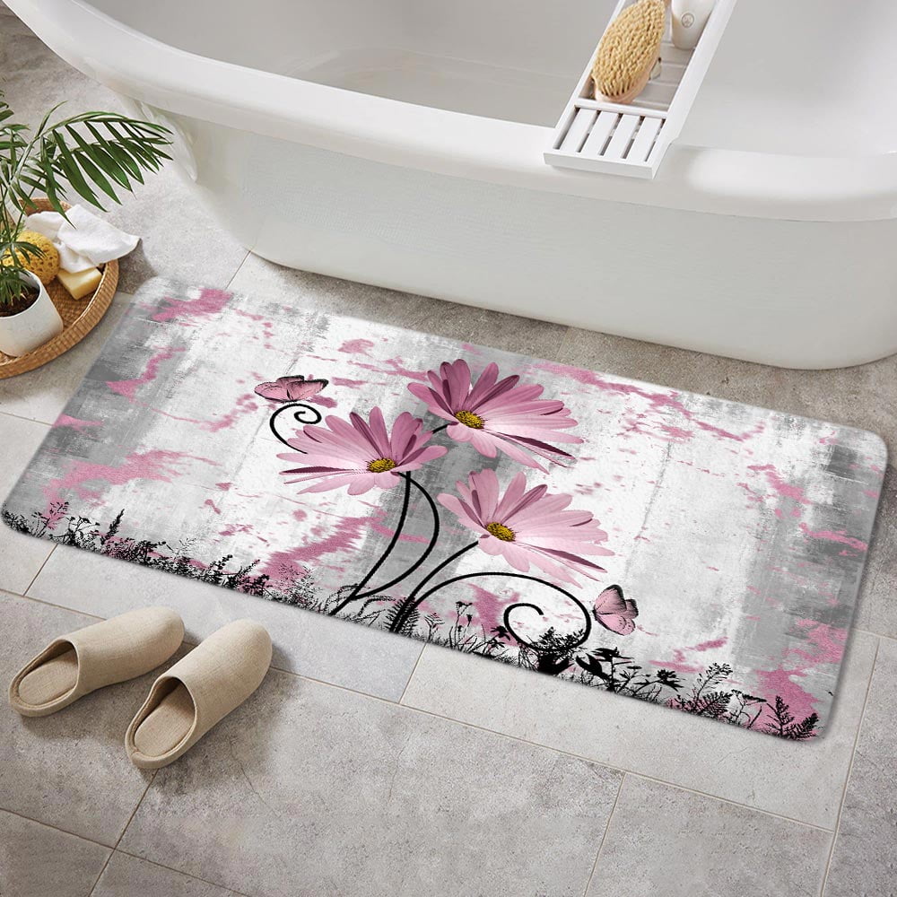 Rustic Farmhouse Bath Rug, Farm Pink Grey Daisy Floral Flowers and Butterfly on Country Wooden Bath Mat, Gray White Kitchen Rug Floor Mat Soft Non Slip Runner Carpet Indoor Doormat 17X48IN